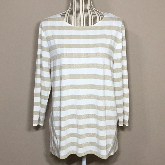 Chico's Tops - Chico’s Shimmer Striped Tee, Ecru/Gold, 2